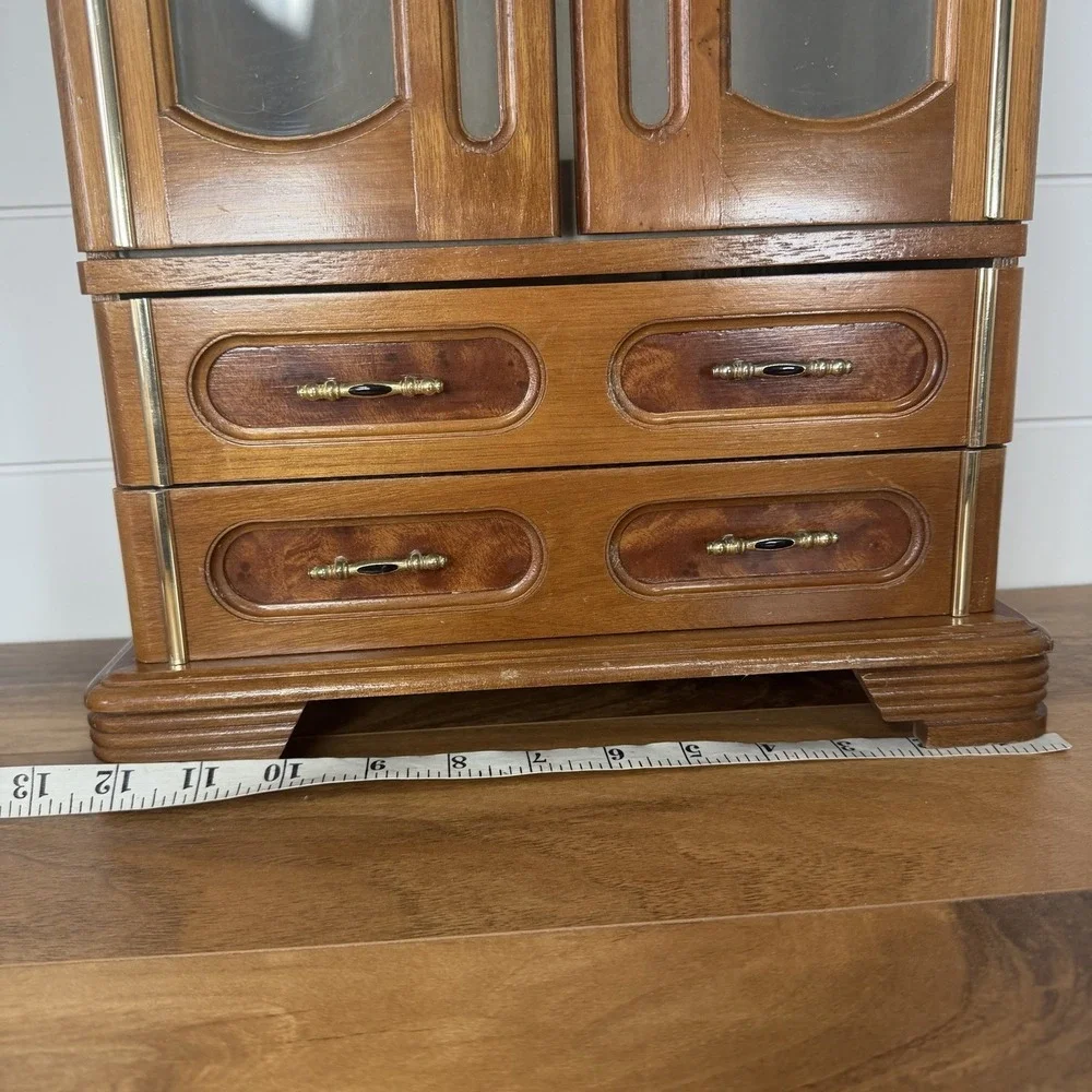 VTG Wood 2 Door Jewelry Box Armoire Cabinet w Mirror Drawers Organizer 18